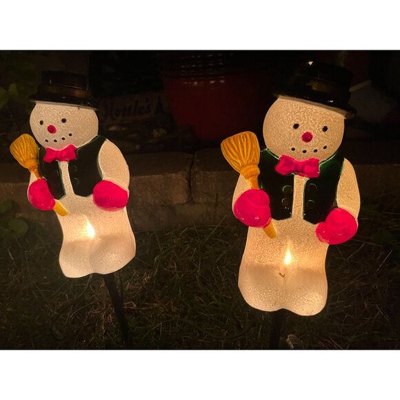 Vintage Blow Mold Christmas Holiday Winter Snowmen Light Up Pathway Stakes - Wor - Picture 7 of 10